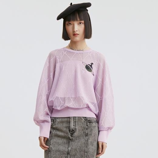 谜底长袖针织衫2021秋季新款菱形格织花圆领套头衫女213MZ2017 商品图0