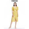 VIMAGE纬漫纪秋季新品V领简约时尚泡泡袖高腰开叉连衣裙V1607250 商品缩略图2