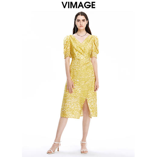 VIMAGE纬漫纪秋季新品V领简约时尚泡泡袖高腰开叉连衣裙V1607250 商品图2