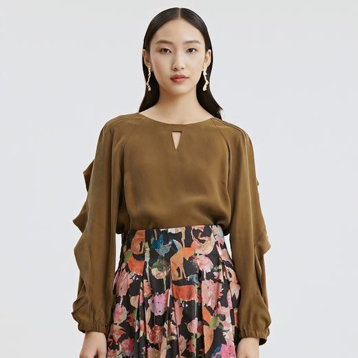 谜底2021秋季新款甜美优雅荷叶袖宽松长袖铜氨丝上衣女213MS1661 商品图0