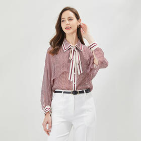 QE23A斯尔丽斯尔丽瑟俪2021年夏季披肩式撞色飘带小波点女士衬衫