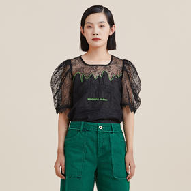 MIIDII/谜底21夏新品字母绣花复古方领泡泡袖蕾丝上衣女212MS0765