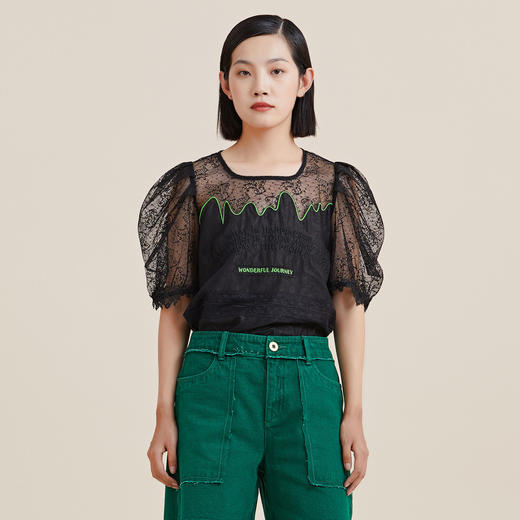MIIDII/谜底21夏新品字母绣花复古方领泡泡袖蕾丝上衣女212MS0765 商品图0