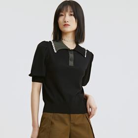 谜底针织套头衫2021夏季新款复古泡泡袖领边撞色上衣女213MZ2046