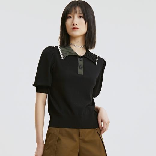 谜底针织套头衫2021夏季新款复古泡泡袖领边撞色上衣女213MZ2046 商品图0