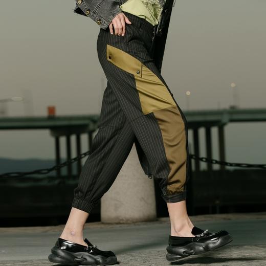 谜底2021秋季新款复古条纹撞色拼接萝卜裤休闲长裤女213MK1740 商品图2