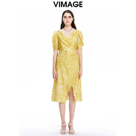 VIMAGE纬漫纪秋季新品V领简约时尚泡泡袖高腰开叉连衣裙V1607250 商品图0