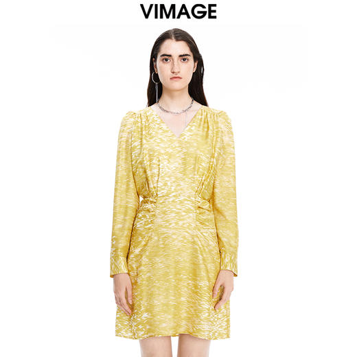 VIMAGE纬漫纪秋季新品V领简约时尚长袖高腰优雅连衣裙V1607209 商品图2