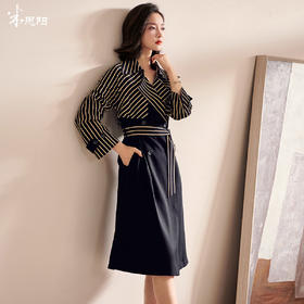 剩M 米思阳2025秋装新款时尚流行撞色条纹收腰系带风衣中长外套女0249