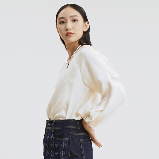 谜底2021秋季新款甜美优雅荷叶袖宽松长袖铜氨丝上衣女213MS1661 商品图3