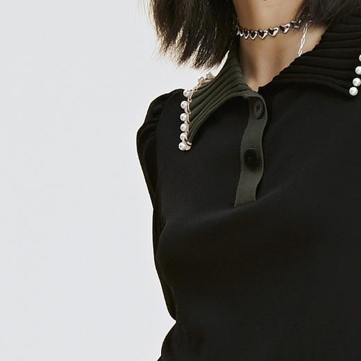 谜底针织套头衫2021夏季新款复古泡泡袖领边撞色上衣女213MZ2046 商品图3