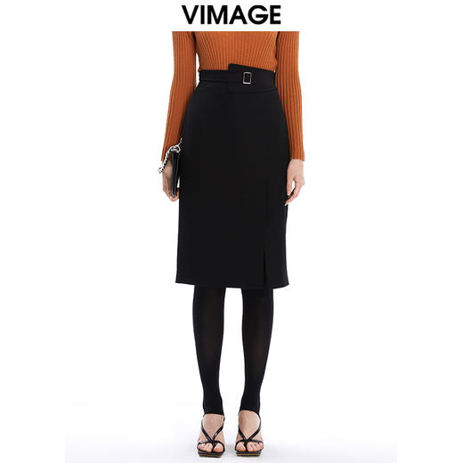 VIMAGE纬漫纪秋冬新款优雅时尚高腰开叉百搭半身裙包臀裙女V1606220 商品图5