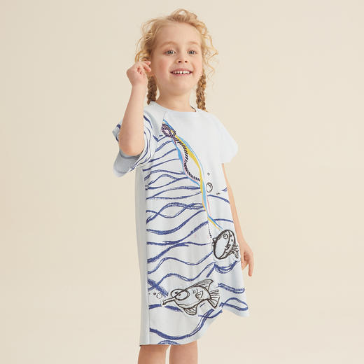 谜底童装21夏新款A型中长款连衣裙针织小鱼印花连衣裙212KL1445 商品图1