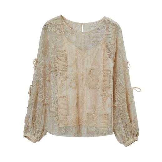 谜底衬衫2021夏季新款宽松绣花长袖蕾丝衫灯笼袖上衣女213GS1684 商品图4