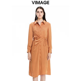 VIMAGE纬漫纪夏季新款系带束腰优雅纯色显瘦连衣裙V1607246