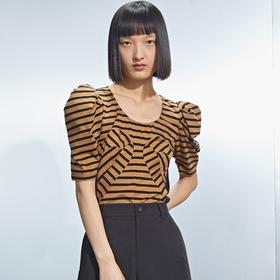 MIIDII/谜底针织T恤女21夏新品条纹泡泡袖修身短袖女212MT0910