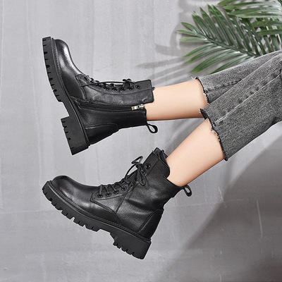 T- 6015 秋冬皮靴经典英伦风真皮侧拉链厚底短靴头层牛皮系带马丁靴 商品图2