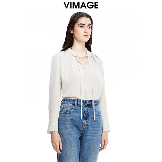 VIMAGE纬漫纪秋季新款纯色通勤百搭系带衬衬衣女士小上衣1613203 商品图1