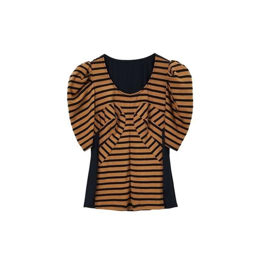 MIIDII/谜底针织T恤女21夏新品条纹泡泡袖修身短袖女212MT0910 商品图4