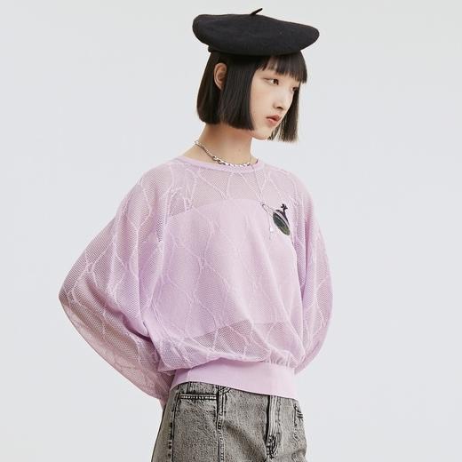 谜底长袖针织衫2021秋季新款菱形格织花圆领套头衫女213MZ2017 商品图3