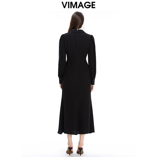 VIMAGE纬漫纪秋季新款显瘦优雅立领纯色高腰显瘦连衣裙女V1607249连衣裙 商品图4