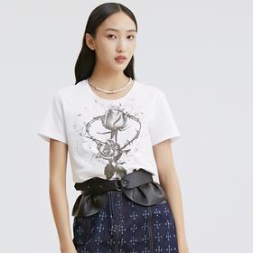 谜底2021秋季新款玫瑰花图案印花圆领短袖合体纯棉T恤女213MT1749