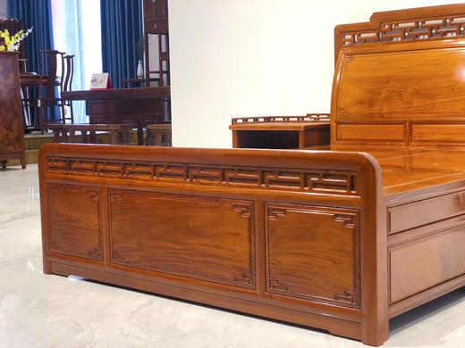 红桥红  家具严选  缅甸花梨（大果紫檀）【150 曲尺弯背素面 高低床 三件套】 商品图8