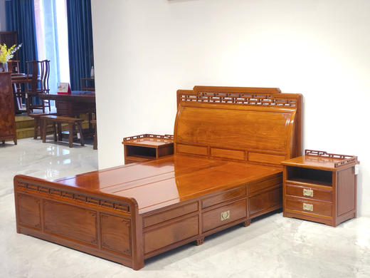 红桥红  家具严选  缅甸花梨（大果紫檀）【150 曲尺弯背素面 高低床 三件套】 商品图3
