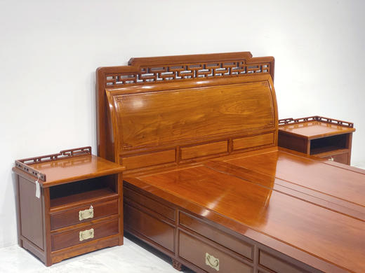 红桥红  家具严选  缅甸花梨（大果紫檀）【150 曲尺弯背素面 高低床 三件套】 商品图1