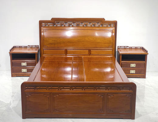 红桥红  家具严选  缅甸花梨（大果紫檀）【150 曲尺弯背素面 高低床 三件套】 商品图0