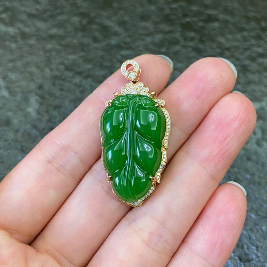18K玫瑰金和田玉（碧玉）满钻吊坠--菩提叶/菩提叶18*28mm/苹果绿 商品图4