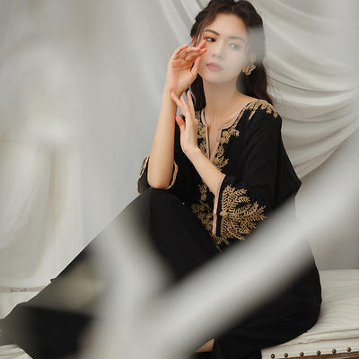 P5014#民族风刺绣棉质波西米亚慵懒甜美宽松深V领显瘦连衣裙长裙送腰带 商品图4