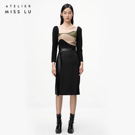 【月夜下】光泽黑不规则曲线立裁拼皮高腰半裙/000107A