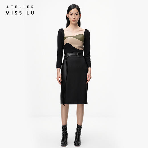 【月夜下】光泽黑不规则曲线立裁拼皮高腰半裙/000107A 商品图0