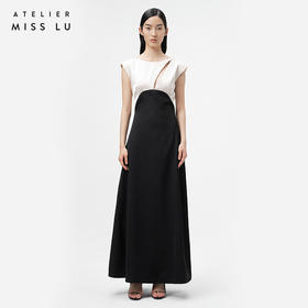 【月夜倒影】细叶镂空设计黑拼香槟色A字气质长裙/ 0000069