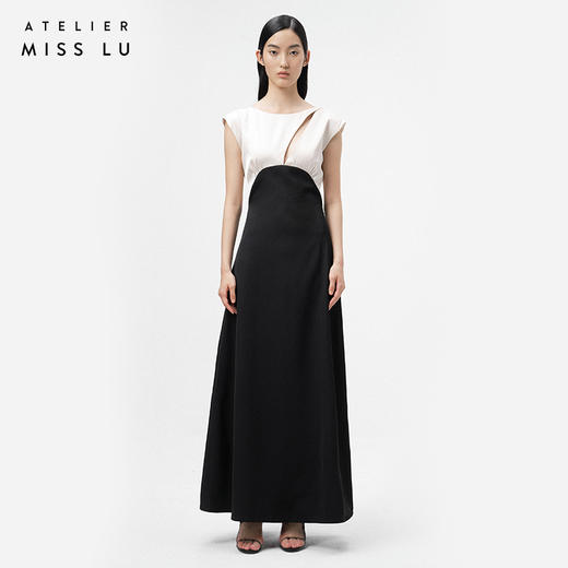 【月夜倒影】细叶镂空设计黑拼香槟色A字气质长裙/ 0000069 商品图0