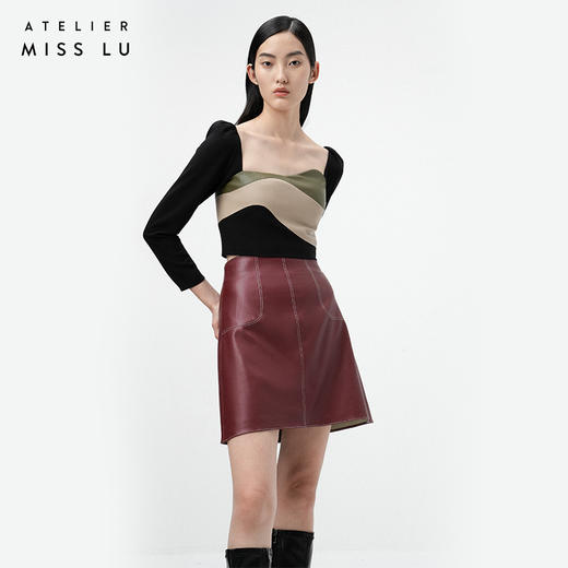 【琴酒】勃艮第酒红仿小羊皮高腰半裙/000108A 商品图1