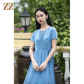佐尔美夏季新款真丝圆领蕾丝宽松纯色桑蚕丝连衣裙E02LS68