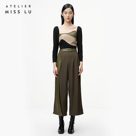 【露西亚】橄榄绿不规则曲线撞色拼皮长袖上衣/00202