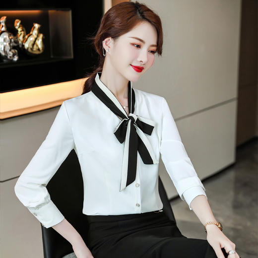 XZ-XZ-YQ6105秋季2021新款领带衬衣职业雪纺白色衬衫女士设计感小众长袖上衣潮 商品图1