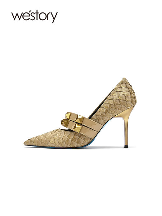 westory2021秋季新品气质铆钉鱼鳞尖头细跟高跟鞋W21CE71481 商品图1