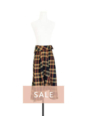 TYNVIE 翻边腰不对称裙摆羊毛裙 - 橘格纹