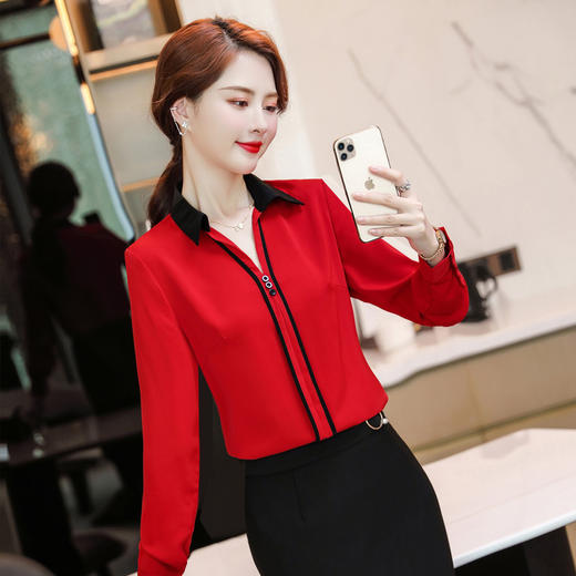 XZ-XZ-YQ6102衬衫女设计感小众2021年新款春秋气质职业装拼色修身打底上衣衬衣 商品图2