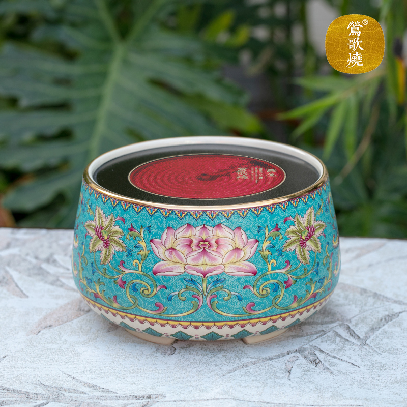 【莺歌烧旗舰店】莲花纹 宝蓝底 电陶炉