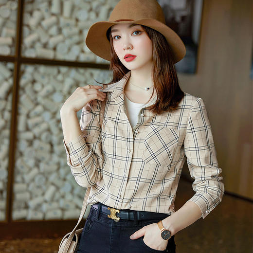 XZ-XZ041-21659XXN紫色格子衬衫女春秋2021年时尚新款长袖雪纺衫上衣百搭款休闲衬衣 商品图1