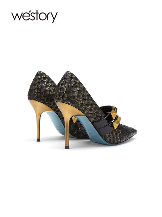 westory2021秋季新品气质铆钉鱼鳞尖头细跟高跟鞋W21CE71481 商品图2