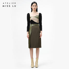 【苔丝】橄榄绿不规则曲线立裁拼皮高腰半裙/000107