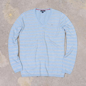 薄款 横纹棉质 胸前刺绣 大V领毛衣/针织衫 T-1071