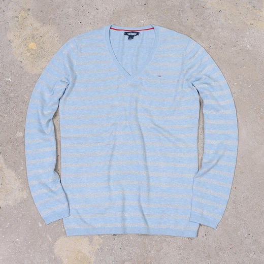 薄款 横纹棉质 胸前刺绣 大V领毛衣/针织衫 T-1071 商品图0