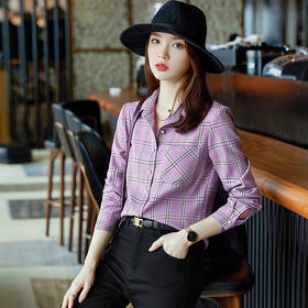 XZ-XZ041-21659XXN紫色格子衬衫女春秋2021年时尚新款长袖雪纺衫上衣百搭款休闲衬衣